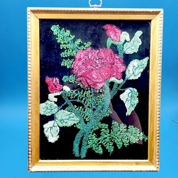 Vintage Red Roses Crewel Embroidery Art Gold Beaded Frame Floral Wall Decor - Picture 3 of 11